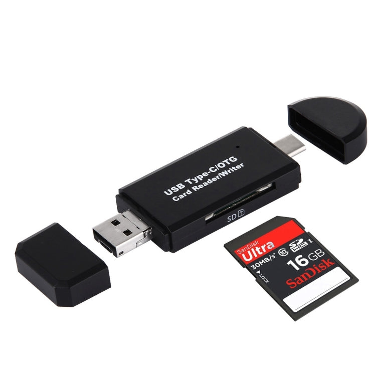 3 in 1 USB-C / Type-C 3.1 to USB 2.0 + Micro USB + SD(HC) + Micro SD Card Reader Adapter with OTG Function(Black)