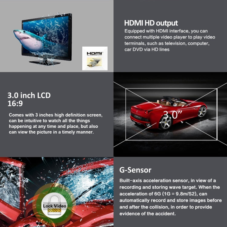 DAB205 Car DVR Camera 3.0 inch LCD Screen HD 1440P 178 Degree Wide Angle Viewing, Support Motion Detection / TF Card / G-Sensor / HDMI / HDR(Black)