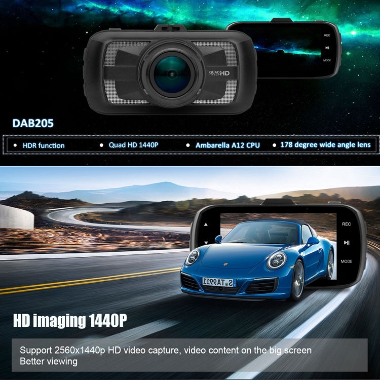 DAB205 Car DVR Camera 3.0 inch LCD Screen HD 1440P 178 Degree Wide Angle Viewing, Support Motion Detection / TF Card / G-Sensor / HDMI / HDR(Black)