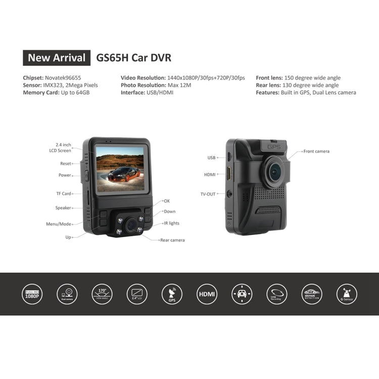 GS65H Car DVR Camera 2.4 inch LCD Screen HD 1080P 150 Degree Wide Angle Viewing, Support Motion Detection / TF Card / G-Sensor / HDMI(Black)