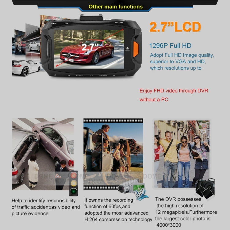 GS90C Car DVR Camera 2.7 inch LCD Screen HD 2304 x 1296P 170 Degree Wide Angle Viewing, Support Motion Detection / TF Card / G-Sensor / HDMI(Black)