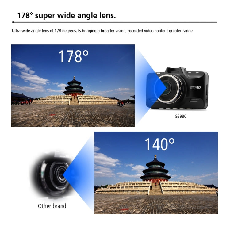 GS98C Car DVR Camera 2.7 inch LCD Screen HD 2304 x 1296P 170 Degree Wide Angle Viewing, Support Motion Detection / TF Card / G-Sensor / HDMI(Black)