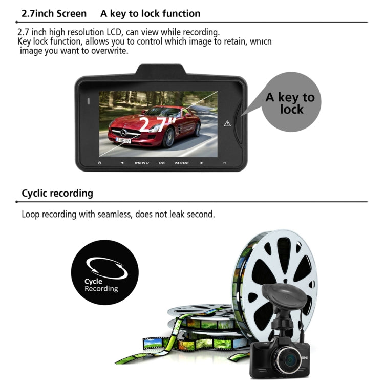 GS98C Car DVR Camera 2.7 inch LCD Screen HD 2304 x 1296P 170 Degree Wide Angle Viewing, Support Motion Detection / TF Card / G-Sensor / HDMI(Black)