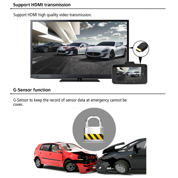 GS98C Car DVR Camera 2.7 inch LCD Screen HD 2304 x 1296P 170 Degree Wide Angle Viewing, Support Motion Detection / TF Card / G-Sensor / HDMI(Black)