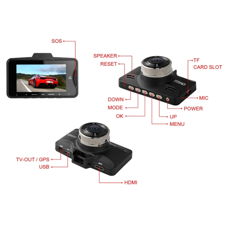 GS98C Car DVR Camera 2.7 inch LCD Screen HD 2304 x 1296P 170 Degree Wide Angle Viewing, Support Motion Detection / TF Card / G-Sensor / HDMI(Black)