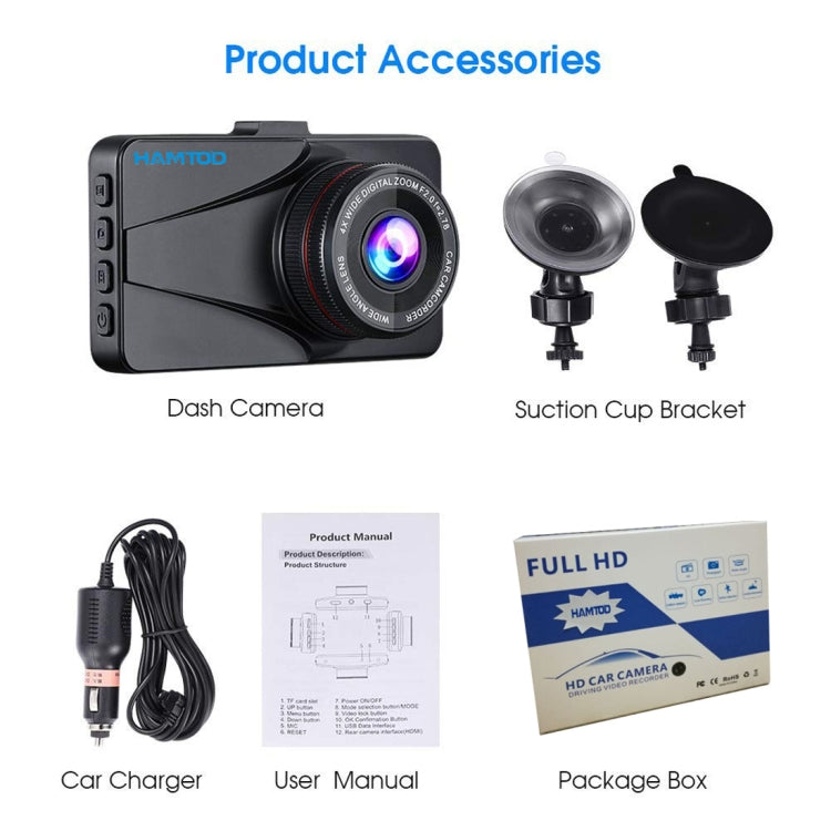 HAMTOD HQ31 3.0 inch TFT Screen 170 Degrees Wide Angle Full HD Video Car DVR, Support TF Card / Motion Detection