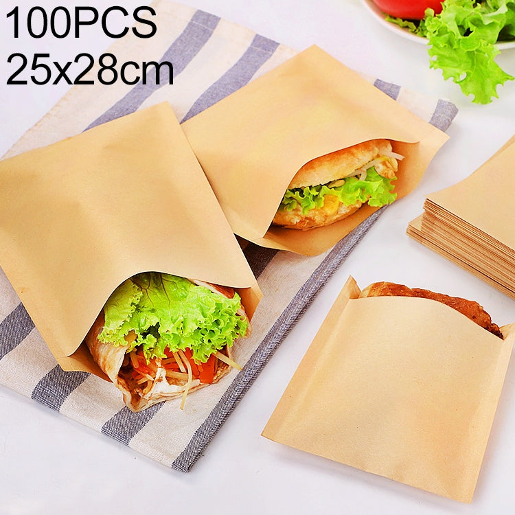 100 PCS Disposable Oil-proof Kraft Paper Bag Food Grade Oil-proof Moisture-proof Bag, Size: 25x28cm