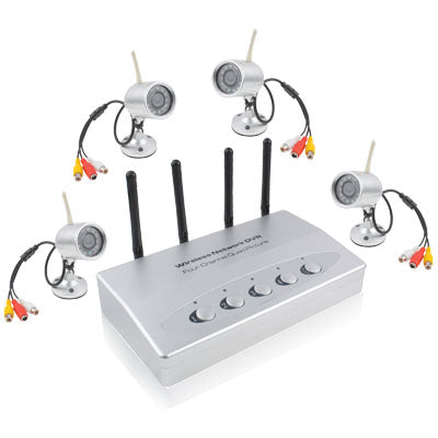 Wireless Security System 4Ch Network DVR W/4 IR Cameras, Night Vision Distance: 10m(Silver)
