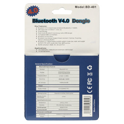 USB 2.0 Mini Bluetooth V4.0 Class 2 Dual Mode Dongle, Plug and Play (BD-401)
