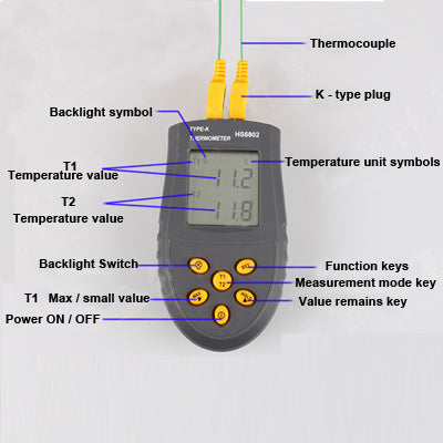 HS6802 Handheld Digital Contact Thermometer with Dual-channel(Grey)