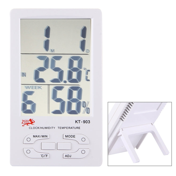 KT-903 Super Large LCD Digital Thermo-Humidity Meter with Clock & Calendar & Alarm Function(White)