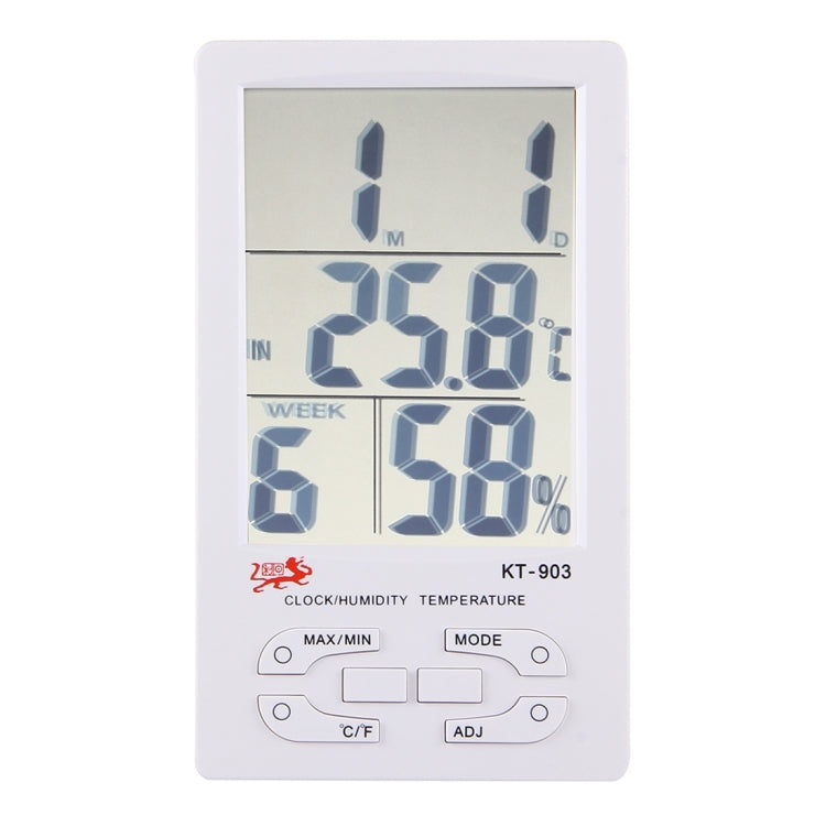 KT-903 Super Large LCD Digital Thermo-Humidity Meter with Clock & Calendar & Alarm Function(White)
