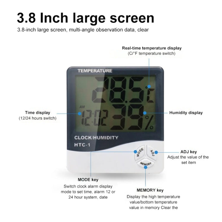 3.8 inch LCD Digital Temperature & Humidity Meter with Clock / Calendar (HTC-1)(White)