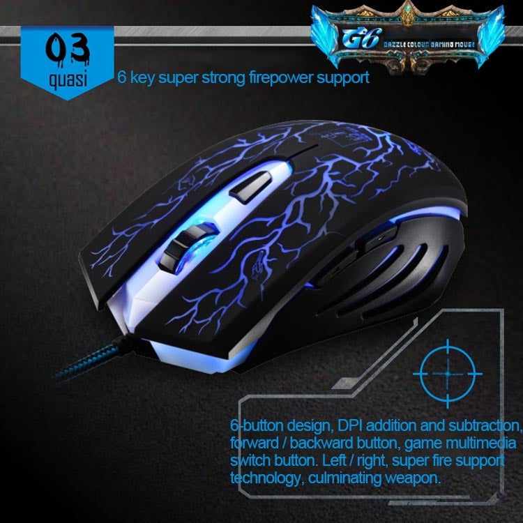 G6 800 / 1200 / 1600 / 2000 DPI High Speed Wired USB 6D Gaming Optical Mouse with 7 Color Cool Breath Light(Black)