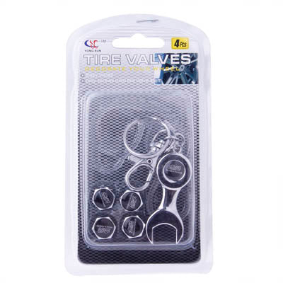Tire Valve Caps 4 pcs with Wrench Keychain(Silver)