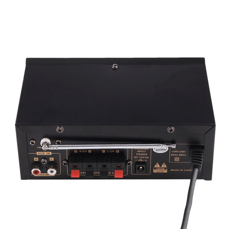 2CH HiFi Stereo Audio Amplifier with Remote Controller, LED Display, USB / SD / MMC Card / MP3 / AUX / FM Radio, AC 220V / DC 12V(Black)