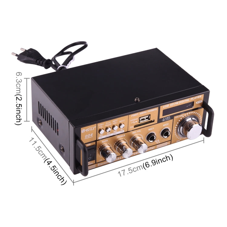 2CH HiFi Stereo Audio Amplifier with Remote Controller, LED Display, USB / SD / MMC Card / MP3 / AUX / FM Radio, AC 220V / DC 12V(Black)
