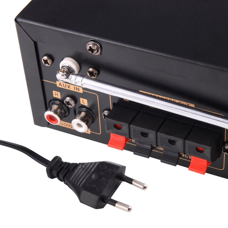 2CH HiFi Stereo Audio Amplifier with Remote Controller, LED Display, USB / SD / MMC Card / MP3 / AUX / FM Radio, AC 220V / DC 12V(Black)