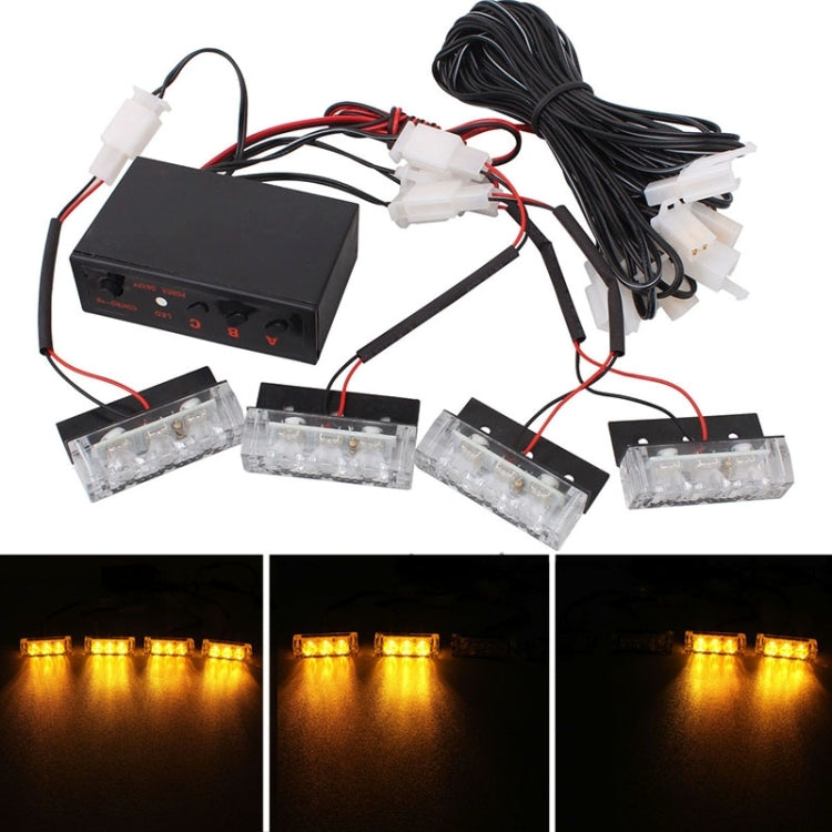 4 x 3 LED Car Front Grille Police Warning Lights Yellow Flashing Waterproof Emergency Strobe Light Lamp, DC 12V, Pack of 4