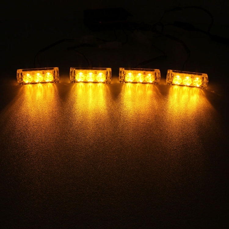 4 x 3 LED Car Front Grille Police Warning Lights Yellow Flashing Waterproof Emergency Strobe Light Lamp, DC 12V, Pack of 4