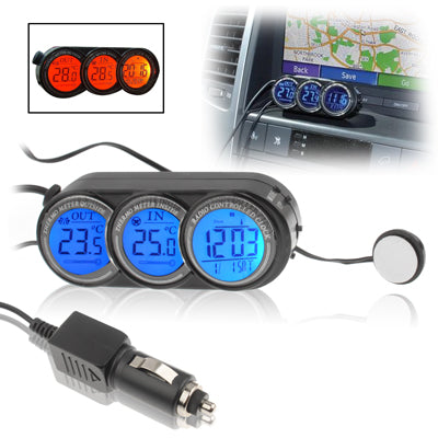 3 Wheels Blue / Orange LED Light LCD Screen Car Digital Thermometer with Clock / Calendar(Black)