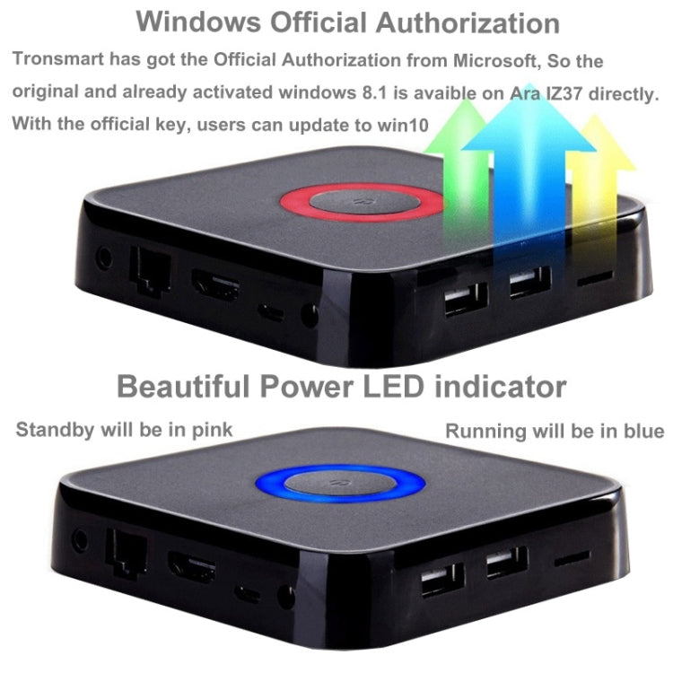Tronsmart Ara IZ37 Dual Boot Windows 8.1 & Android 4.4 Mini PC, CPU: Intel Bay Trail-T Atom Z3735F Quad Core 1.33-1.83GHz, RAM: 2GB, ROM: 32GB, Support RJ45 / OTG / HDMI / Bluetooth / WiFi(Black)