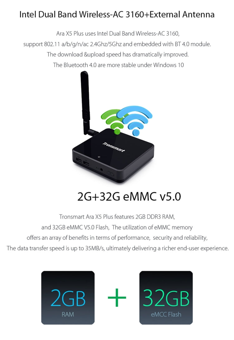 Tronsmart ARA X5 Plus Windows 10 TV Box Media Player, Intel Cherry Trail Z8300 64-bit Quad Core 1.8GHz, RAM: 2GB, ROM: 32GB(Black)