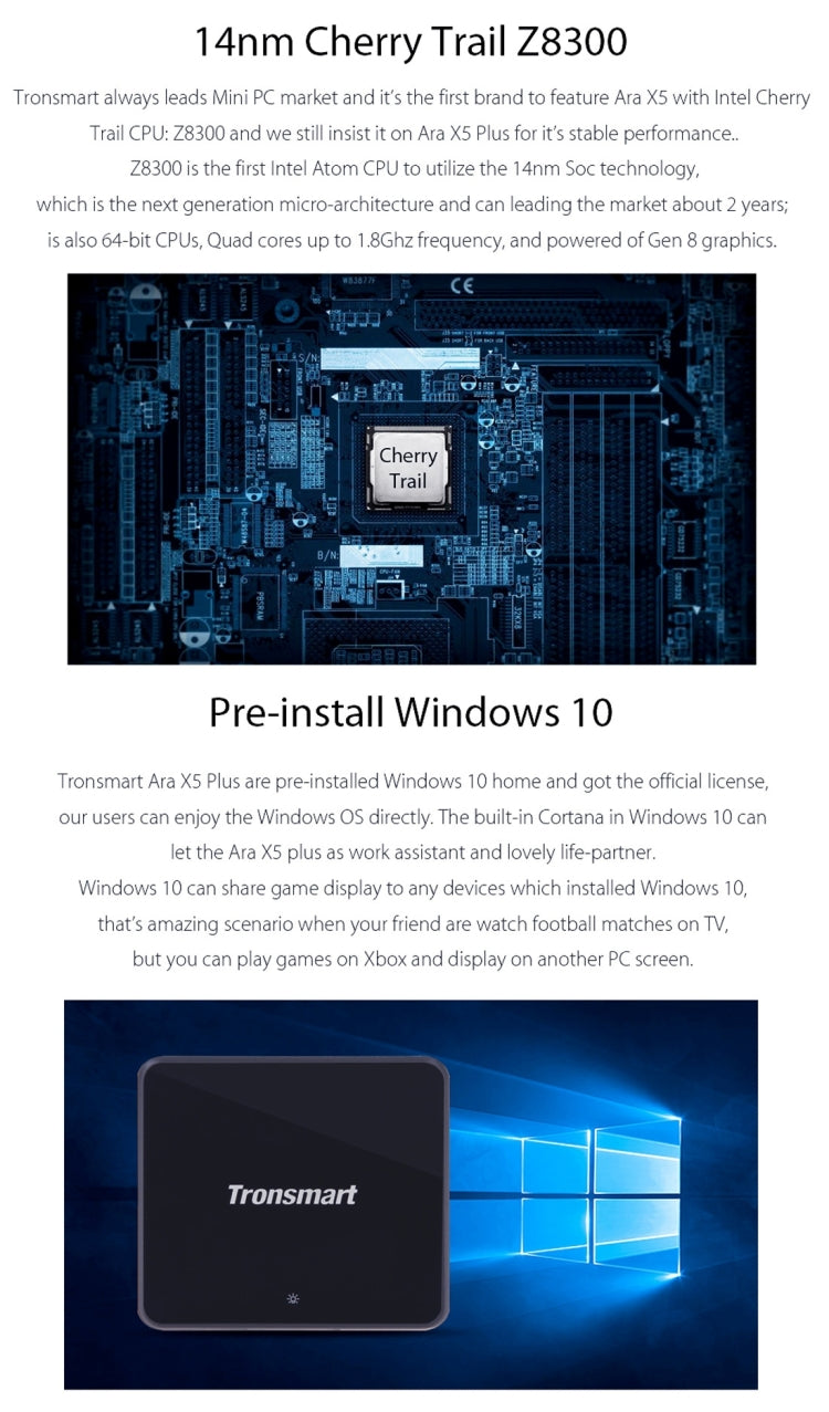 Tronsmart ARA X5 Plus Windows 10 TV Box Media Player, Intel Cherry Trail Z8300 64-bit Quad Core 1.8GHz, RAM: 2GB, ROM: 32GB(Black)