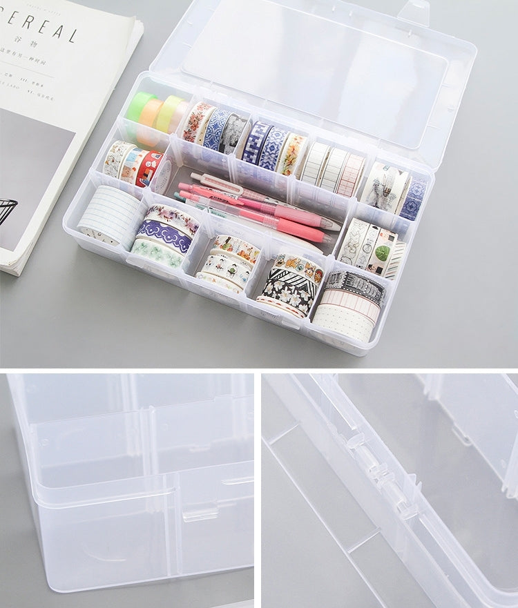 2 PCS 15 Cells Adjustable Detachable Transparent Plastic Storage Box for Small Paper Tapes / Jewelry(Transparent)