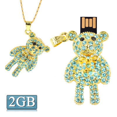Lovely Bear Shaped Turquoise Diamond Necklace Style USB Flash Disk