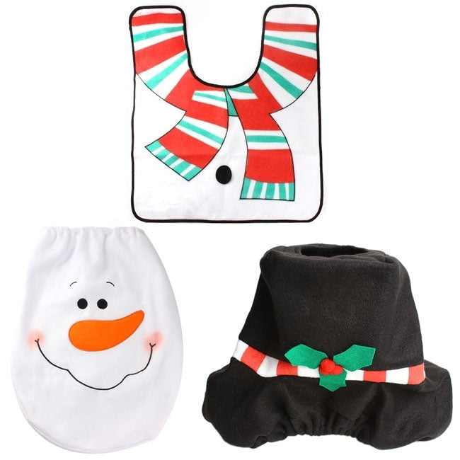 Fancy Christmas Decoration Happy Snowman Toilet Seat Cover Rug Bathroom Set