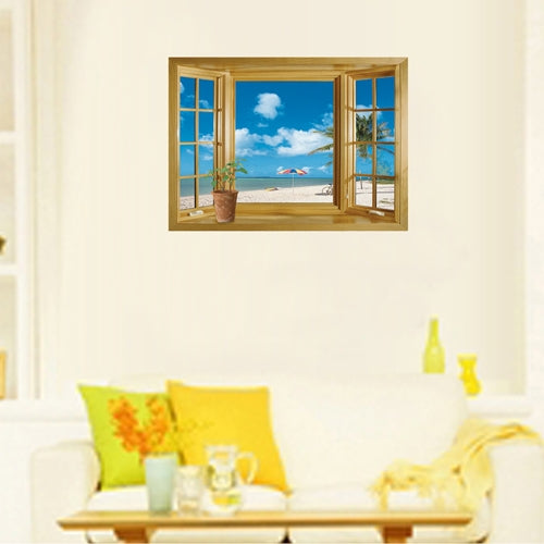 DIY Fashion Self Adhesive PVC Removable Wall Stickers / House Interior Decoration Pictures -- Window & Sandy Beach, Size: 70cm x 50cm