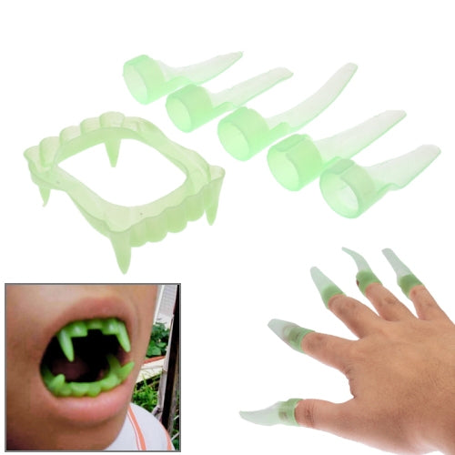 Halloween Costume Party Supplies Luminous Vampire Teeth / Dentures + Luminous Finger Nail(Green)