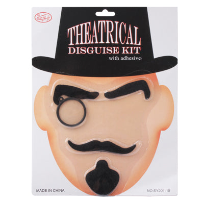 4-in-1 Gentlemen Fake Black Disguise Kit Eyebrow + Moustache + Goatee + Glasses with Adhesive(Black)