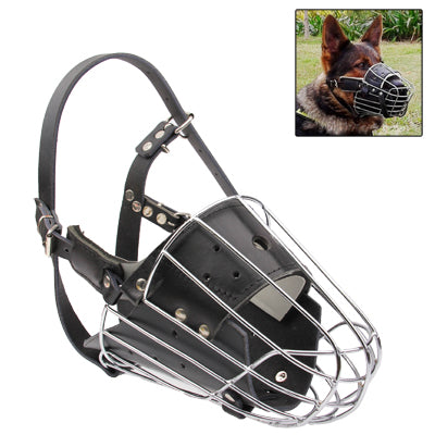 Steel Cage Style Dog Basket Wire Muzzle Protective Snout Cover with Leather Strap for Shepherd Dog(Black)