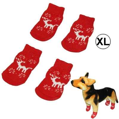 Cute Deer Pattern Cotton Non-slip Pet Christmas Socks,Size: XL(Red)