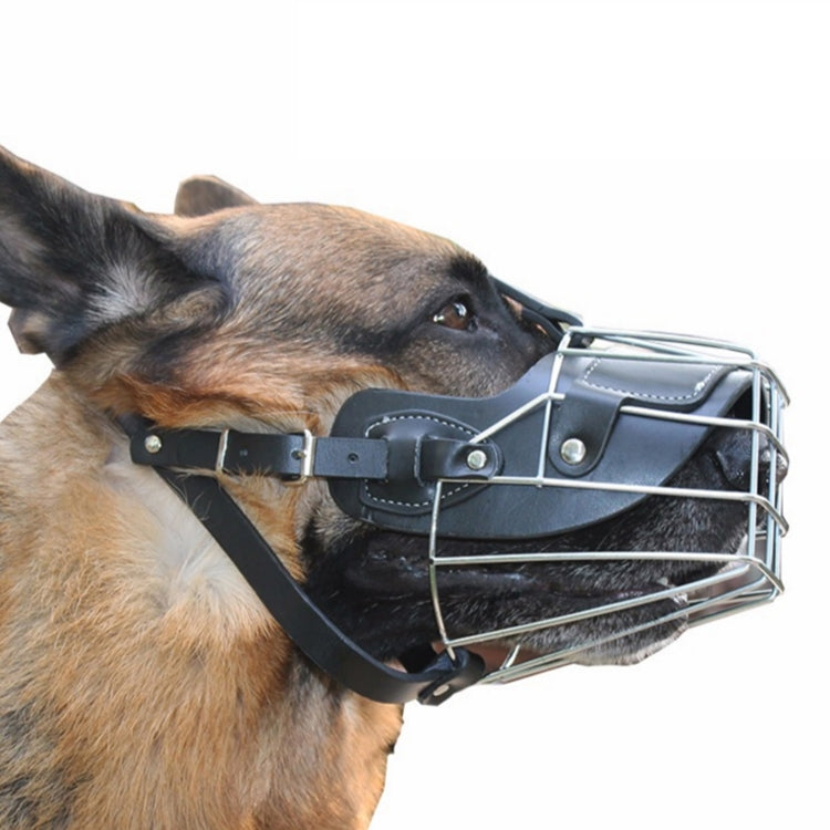 Steel Cage Style Dog Basket Wire Muzzle Protective Snout Cover with Leather Strap, Size: XXL