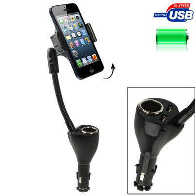 Universal Car Holder with Dual USB Charger & Cigarette Lighter Socket, Width: 58-85mm, For iPhone, Galaxy, Huawei, Xiaomi, LG, HTC and Other Smart Phones(Black)