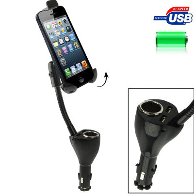 Universal Car Holder with Dual USB Charger & Cigarette Lighter Socket for iPhone 5 / iPhone 4 & 4S / Galaxy S IV / i9300 / Other Smart Phones, Height: 105-130mm