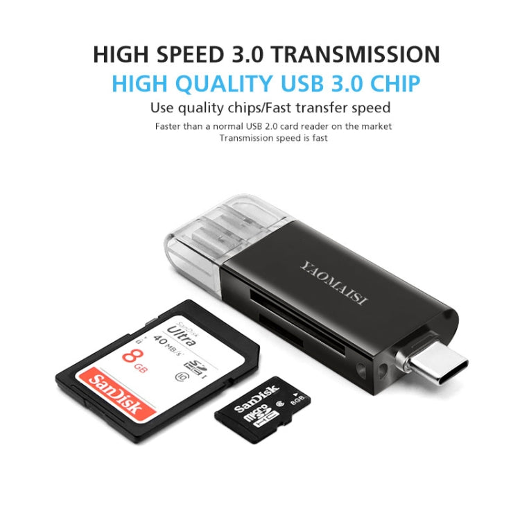 YAOMAISI Q25 2 in 1 USB 3.0 to Type-C Metal Memory Card Reader, Support SD / TF Card