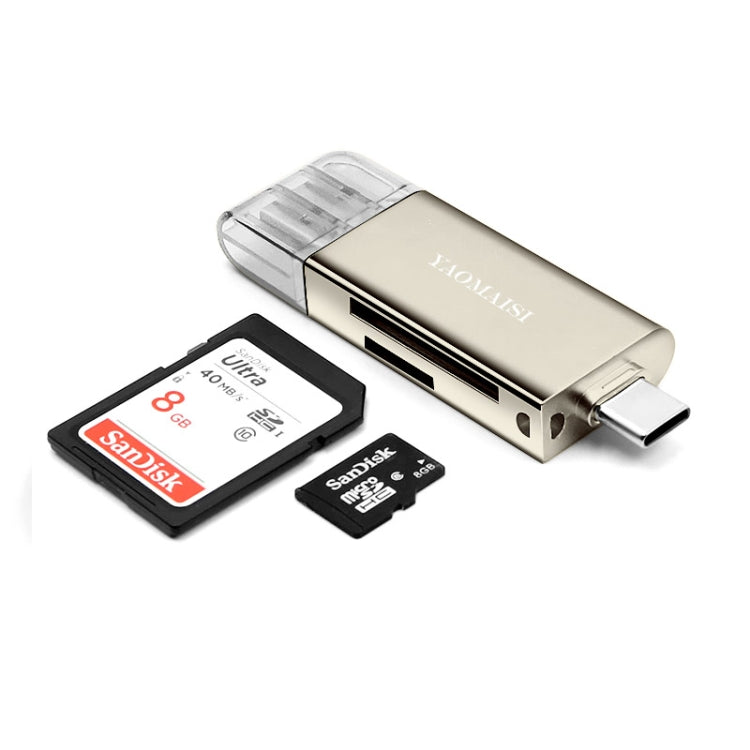 YAOMAISI Q25 2 in 1 USB 3.0 to Type-C Metal Memory Card Reader, Support SD / TF Card