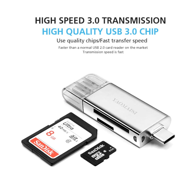 YAOMAISI Q25 2 in 1 USB 3.0 to Type-C Metal Memory Card Reader, Support SD / TF Card