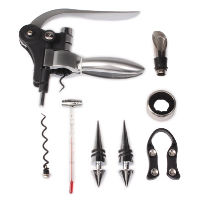 Professional Wine Opener Set with Stopple + Wine Pourer + Foil Cutter + Bracelet + Corkscrew Opener + Wine Temperature Table