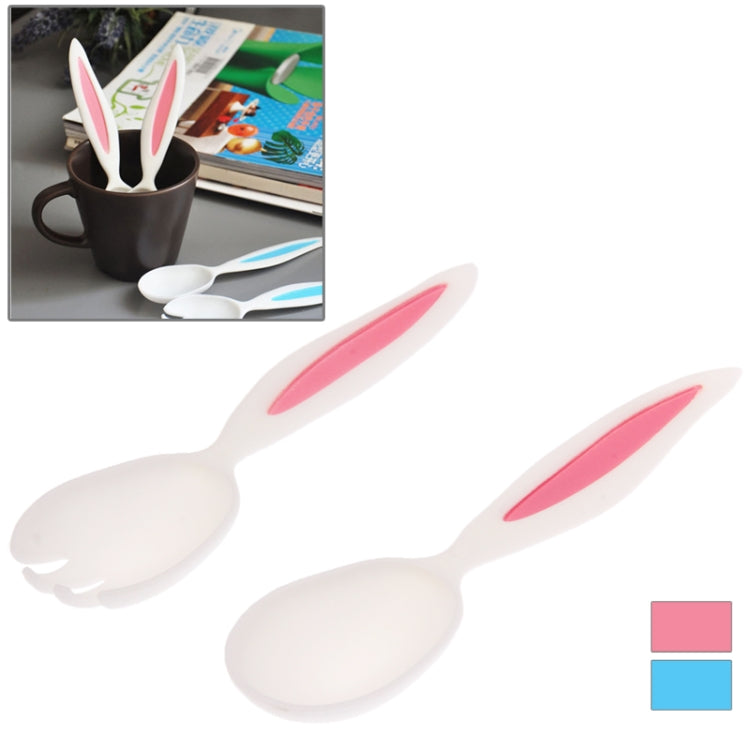 Cute Rabbit Ears Shaped Spoon+ Fork Plastic Cutlery Set (Random Color Delivery)