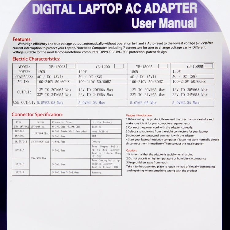 YB-SC1500B 150W Universal AC Adapter for Notebook, Touch Selection Voltage, Lock Voltage After 30 Seconds(Black)
