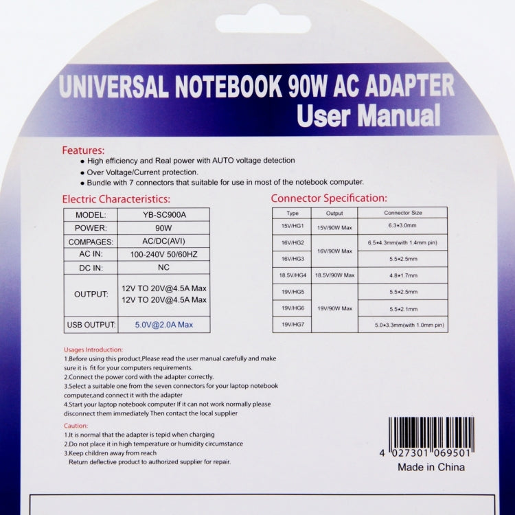 YB-SC900A 90W Universal AC Adapter for Notebook, Voltage Automatic Identification(Black)