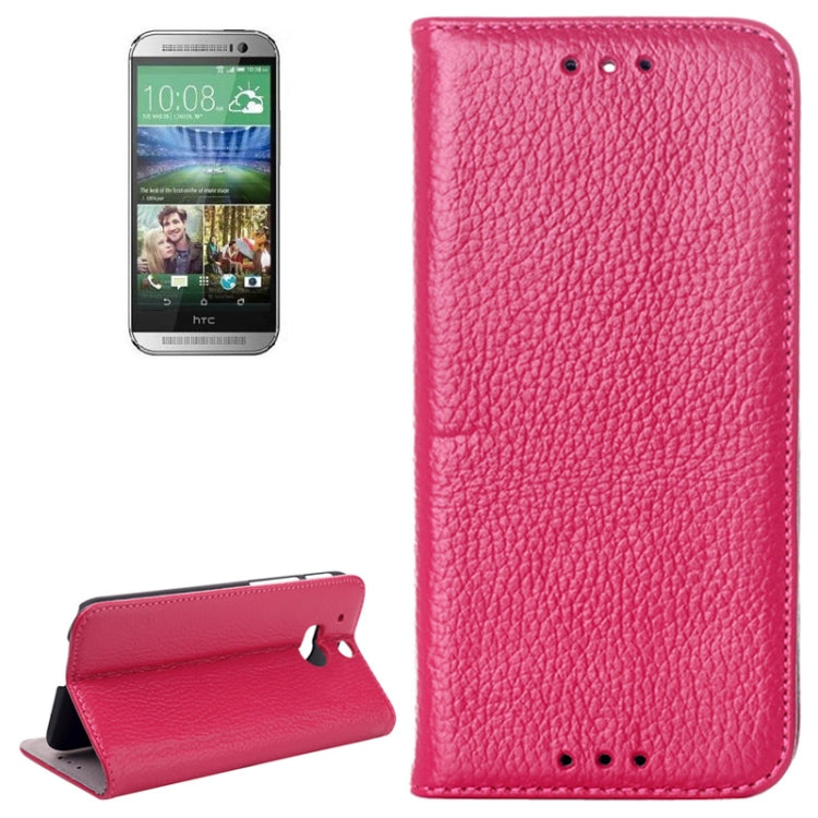 Litchi Texture Horizontal Flip Top-grain Leather Case with Card Slots & Holder for HTC One M8(Magenta)