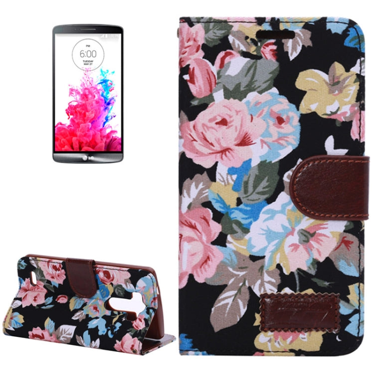 Cotton Print Black Background Pattern Button Flip Leather Case with Card Slots & Holder for LG G3 / D855