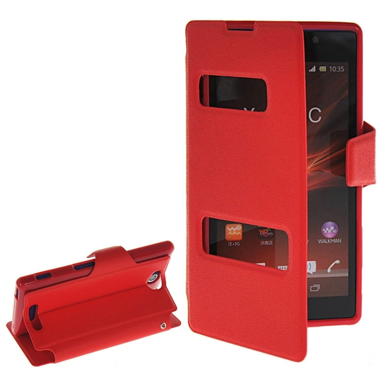 Magnetic Snap Flip Leather Case with Holder & Windows for Sony Xperia C / S39H