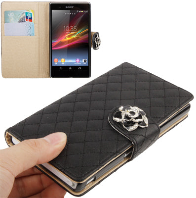 Plaid Texture Diamond Flower Button Flip Soft Leather Case with Credit Card Slots